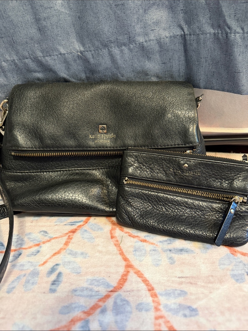 kate spade black pebbled leather crossbody with matching zip pouch